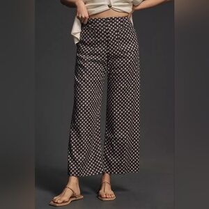 Anthropologie Black Wide-Leg Pants with Pink Floral Dot Print